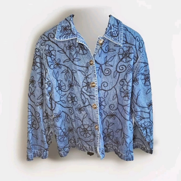 units Tops - Vintage 90s Floral Embroidered Denim Jacket – Medium Wash - L